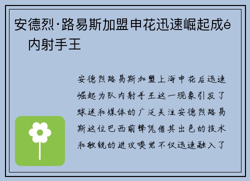 安德烈·路易斯加盟申花迅速崛起成队内射手王 安德烈·路易斯加盟申花迅速崛起成队内射手王